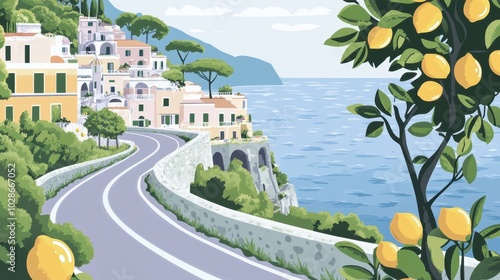 Serene Coastal Town with Lemon Trees Overlooking Ocean