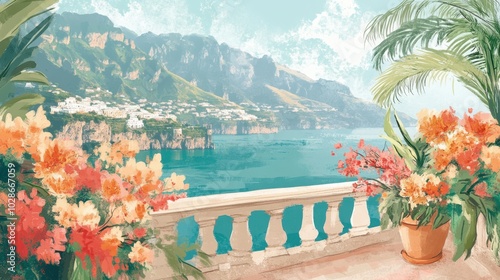 Mediterranean Seaside View with Balcony and Blooming Flowers