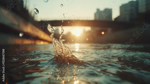 A dynamic capture of a water droplet splash framed by a bridge, with sunlight illuminating from behind, symbolizing nature's energy and freedom in a lively urban canyon.