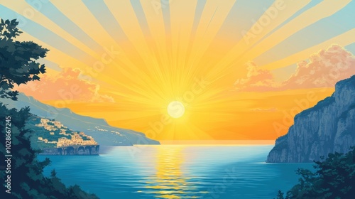 Scenic Coastal Sunset: Majestic Cliffs and Tranquil Sea