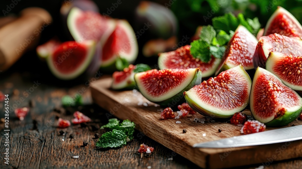 Freshly cut figs are displayed on a wooden board, garnished with mint leaves and a sprinkle of salt, showcasing a delightful combination of sweet and savory flavors. Freshly cut figs are displayed on a wooden board, garnished with mint leaves and a sprinkle of salt, showcasing a delightful combination of sweet and savory flavors.