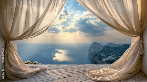 Sunset View Through Elegant Curtains Overlooking Sea
