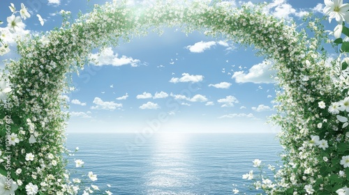 Serene Ocean View Through Blossoming Floral Archway