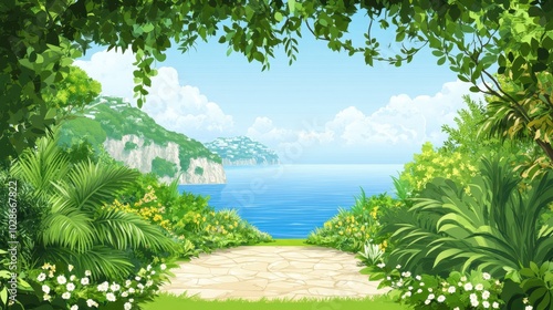 Idyllic Seaside Garden Pathway with Lush Greenery and Ocean View