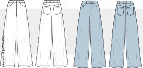 women's blue Jeans wide leg, denim pants technical fashion illustration front and back view fashion design new style jean. 