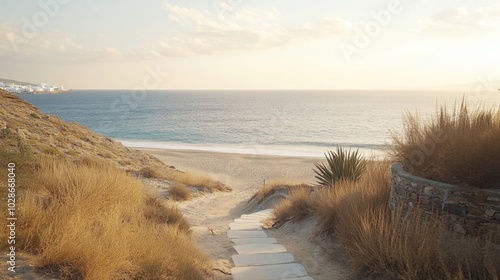 Tranquil Beach Pathway at Sunset with Serene Ocean View