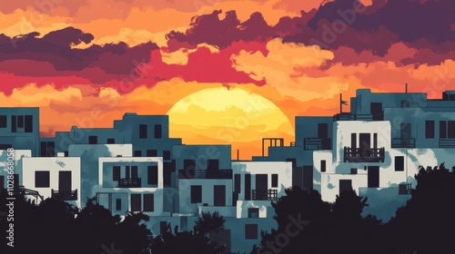 Urban Sunset Silhouette with Vibrant Skyline