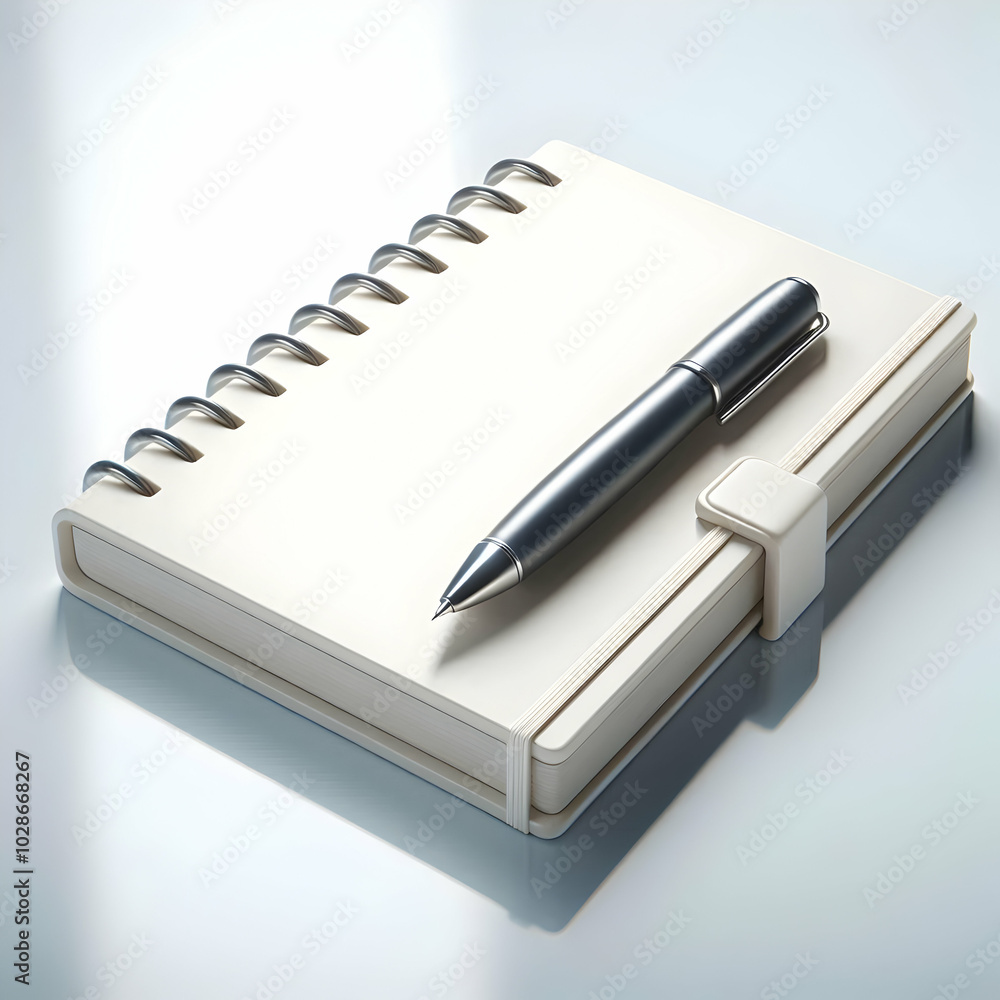 3D Plain Notebook with Pen on Glossy White Desk - Minimalist Planning Concept for Offers and Revenue with Ample Copy Space 3D Plain Notebook with Pen on Glossy White Desk - Minimalist Planning Concept for Offers and Revenue with Ample Copy Space