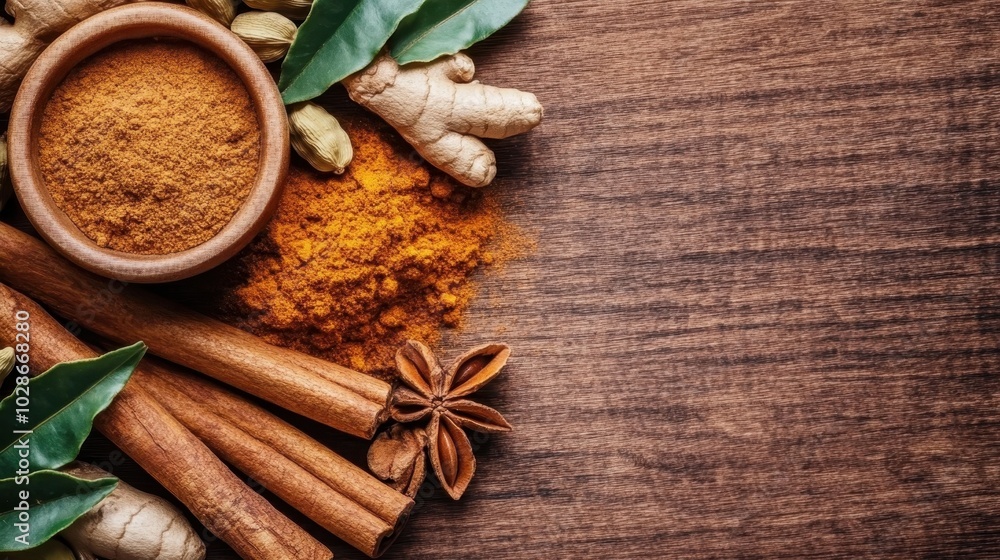 This image highlights an assortment of spices including cinnamon, turmeric, ginger, and more, artfully arranged on a textured wooden surface for culinary inspiration. This image highlights an assortment of spices including cinnamon, turmeric, ginger, and more, artfully arranged on a textured wooden surface for culinary inspiration.