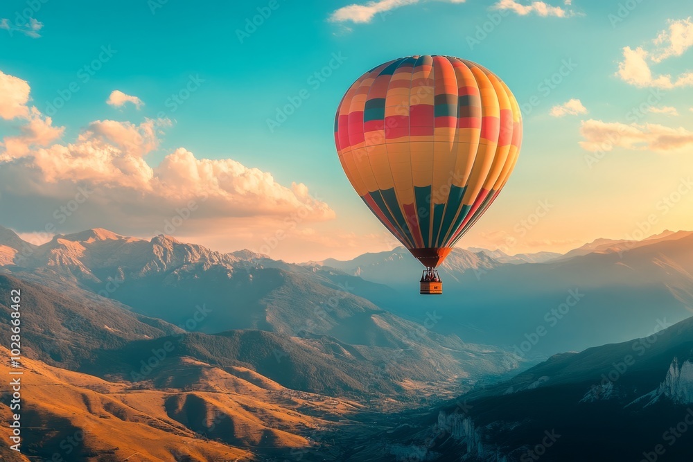Obraz premium A colorful hot air balloon gracefully soars above breathtaking mountains. The clouds reflect warm sunlight. Experience adventure in the skies. Generative AI