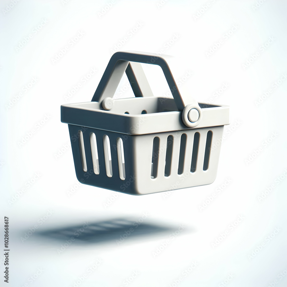 Fototapeta premium 3D Shopping Basket Levitating Concept - Vector Icon of Floating Shopping Basket on White Background, Symbolizing Buying and Offers with Shadow Effect