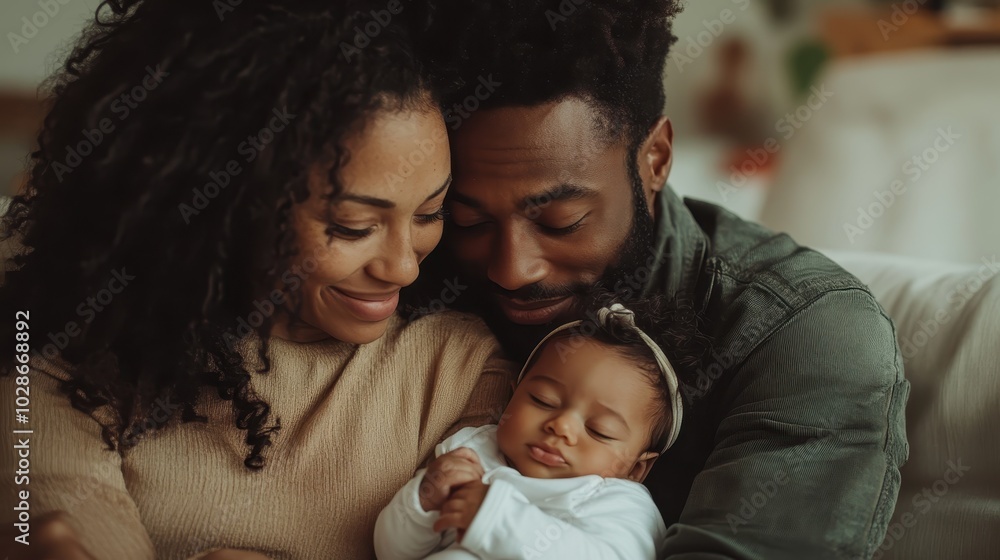 A heartwarming scene of a couple lovingly holding their peacefully sleeping baby, exuding a sense of warmth and security in a homely environment. A heartwarming scene of a couple lovingly holding their peacefully sleeping baby, exuding a sense of warmth and security in a homely environment.