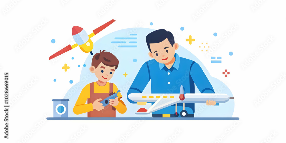Father and Son Collaborate on Building Model Airplane in Bright Garage - Engaging Generational Activity Fostering Skills and Shared Interests Father and Son Collaborate on Building Model Airplane in Bright Garage - Engaging Generational Activity Fostering Skills and Shared Interests