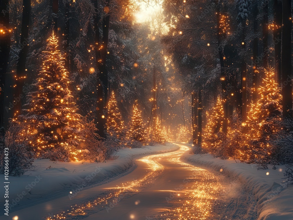 enchanting winter forest scene with a winding road surrounded by tall christmas trees adorned with sparkling garlands, casting a warm glow in the snowy landscape enchanting winter forest scene with a winding road surrounded by tall christmas trees adorned with sparkling garlands, casting a warm glow in the snowy landscape