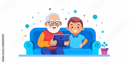 Intimate Scene of an Adult Child and Elderly Parent Engaging with Technology on a Tablet in a Cozy Living Room - Generational Learning and Adaptation in a Comfortable Setting