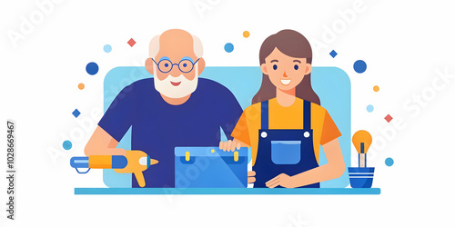 Energetic Generational Collaboration: Adult Daughter and Elderly Father Engaged in DIY Home Project in Bright Workshop - Teamwork and Skillful Home Improvement Photography