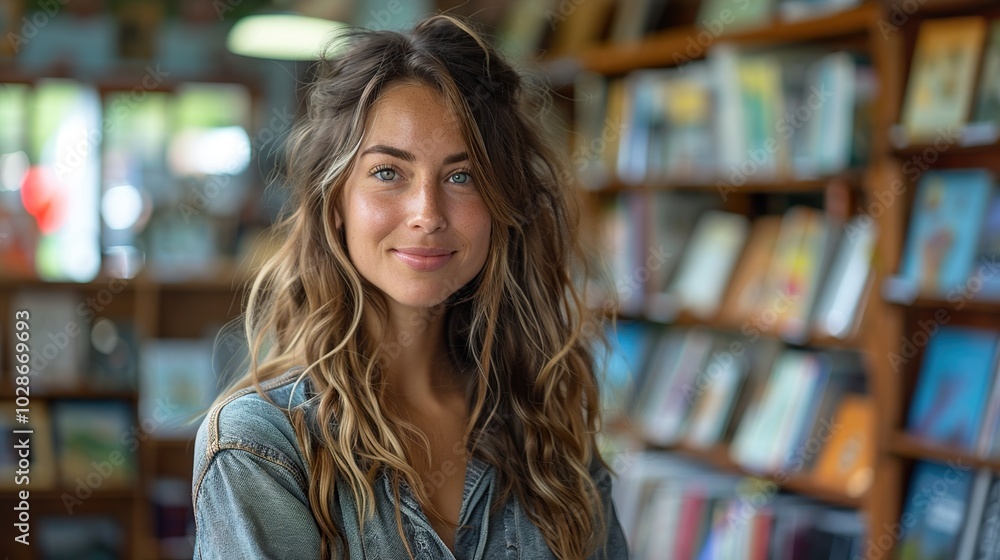 Smiling Woman in Bookstore with Bookshelf Background Smiling Woman in Bookstore with Bookshelf Background