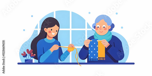 Heartfelt Scene of a Teenage Girl and Her Elderly Aunt Knitting Together in a Bright Sunroom - Generations Sharing a Craft of Patience and Creative Expression | Photo Stock Concept