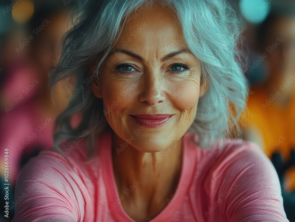 Fototapeta premium energetic senior woman with grey hair joyfully exercising on an exercise bike in a gym, surrounded by a diverse group of enthusiastic individuals, embodying health and vitality