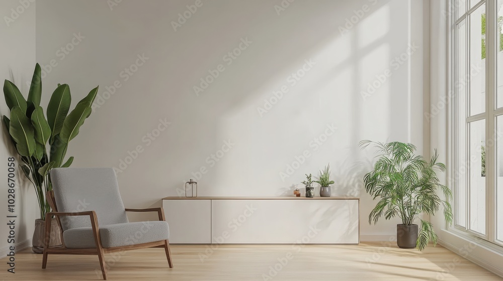 Bright, minimalist living room with plants and wooden accents. Bright, minimalist living room with plants and wooden accents.