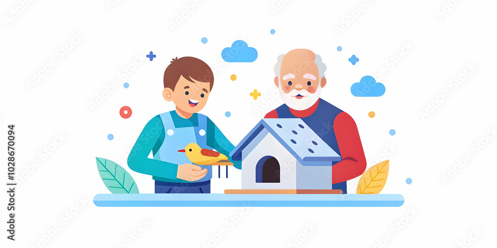 Charming Portrait of a Young Boy and His Grandfather Joyfully Building a Birdhouse Together in a Sunny Backyard - Generational Collaboration on a Creative Craft Project Charming Portrait of a Young Boy and His Grandfather Joyfully Building a Birdhouse Together in a Sunny Backyard - Generational Collaboration on a Creative Craft Project