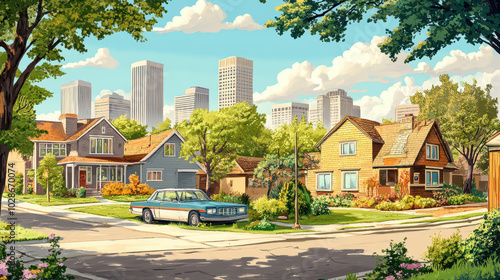 A vintage 1970s-style scene contrasting a prosperous neighborhood with well-kept homes and gardens against a low-income area with worn buildings and signs of neglect, using warm, saturated colors photo