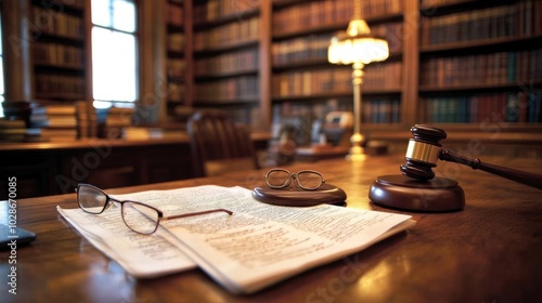 Gavel, Glasses, and Document on a Wooden Desk in a Library