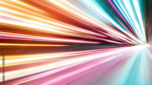 A stunning futuristic visual featuring bright, colorful lines streaming through space and converging at a point, suggesting acceleration and rapid movement.