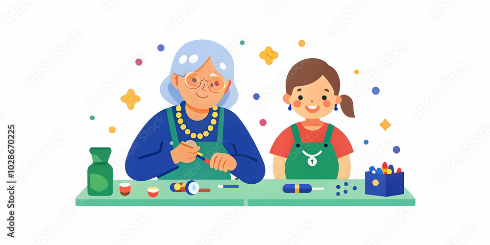 A Young Daughter and Grandmother Making Jewelry Together in a Bright Craft Room ? Generational Bonding Through Patience and Artistic Skill in Creative Crafting A Young Daughter and Grandmother Making Jewelry Together in a Bright Craft Room ? Generational Bonding Through Patience and Artistic Skill in Creative Crafting