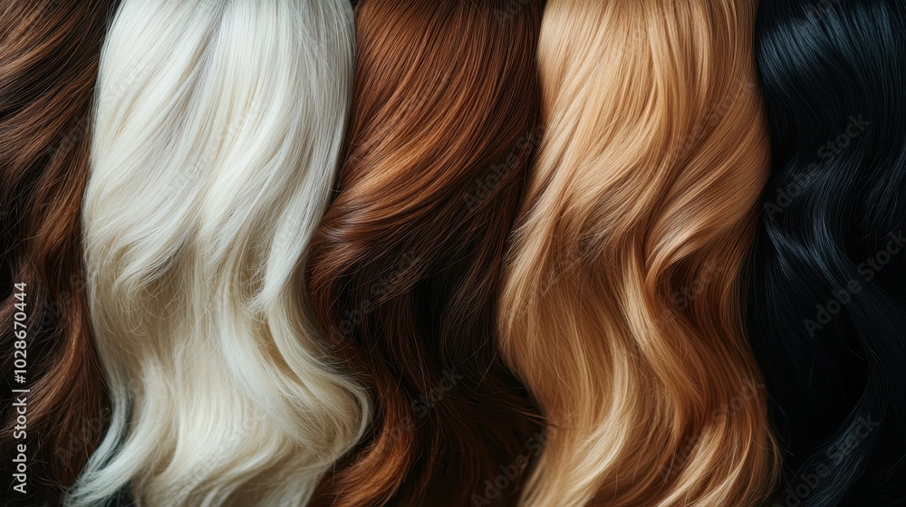 A collection of wigs showcasing diverse and vibrant color variations, suggesting creativity and the changing nature of style and personal identity in fashion. A collection of wigs showcasing diverse and vibrant color variations, suggesting creativity and the changing nature of style and personal identity in fashion.