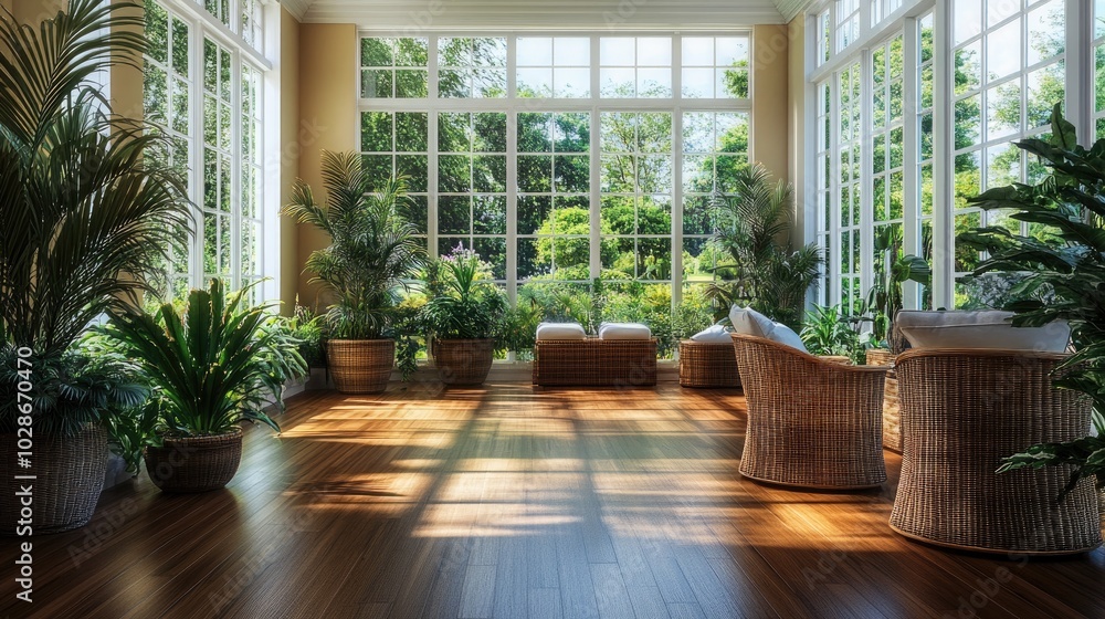 An elegant solarium with hardwood floors and tasteful wicker furniture. The space is filled with exotic potted plants An elegant solarium with hardwood floors and tasteful wicker furniture. The space is filled with exotic potted plants