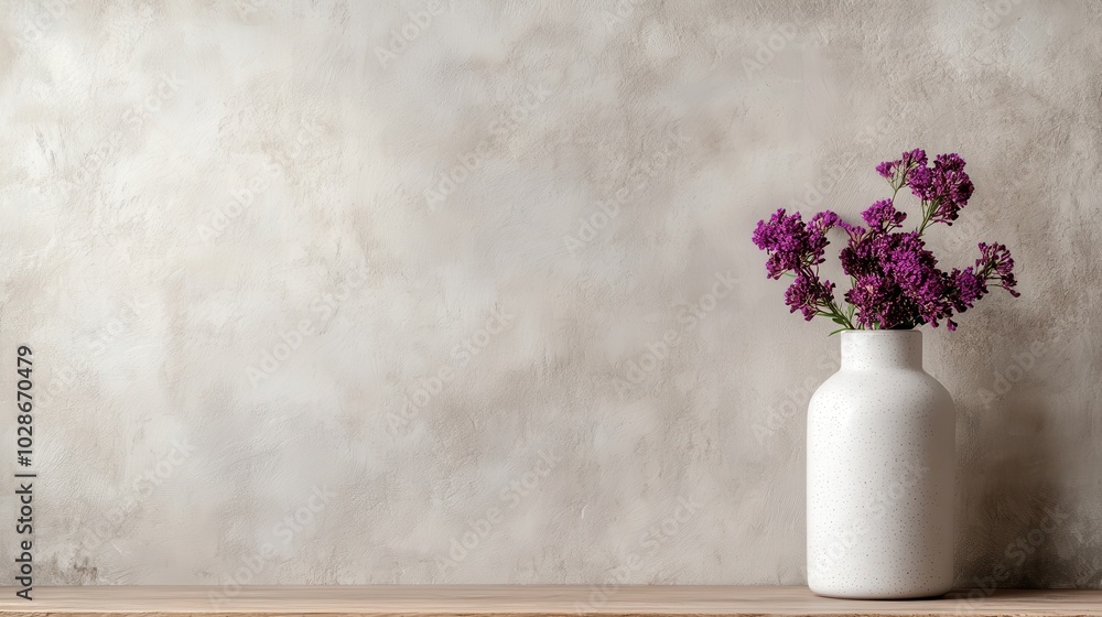 A minimalist scene featuring purple flowers in a white vase set against a textured gray wall. The simplicity enhances the flowers' vibrant hue. A minimalist scene featuring purple flowers in a white vase set against a textured gray wall. The simplicity enhances the flowers' vibrant hue.