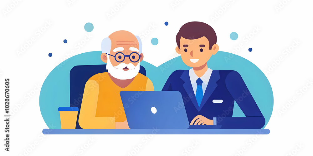Generational Collaboration: A Young Professional and Elderly Colleague Working Together on a Project in a Modern Office - Experience Meets Innovation with Space for Text Generational Collaboration: A Young Professional and Elderly Colleague Working Together on a Project in a Modern Office - Experience Meets Innovation with Space for Text