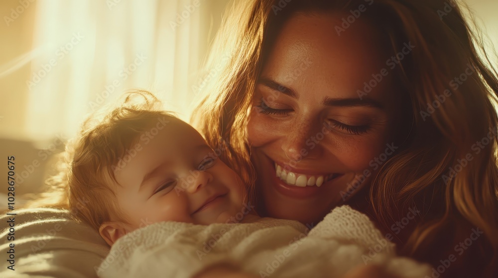 A delightful photograph of a content baby nestled comfortably in the loving arms of a mother, both radiating pure joy and happiness in a warm, inviting setting. A delightful photograph of a content baby nestled comfortably in the loving arms of a mother, both radiating pure joy and happiness in a warm, inviting setting.