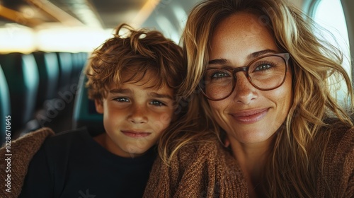 A warm and tender moment captured in a train, showing a mother and her son smiling affectionately at the camera, wrapped in cozy sweaters as they journey together.