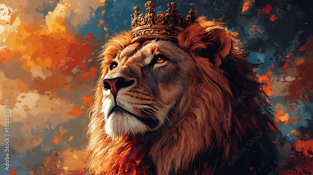 Fototapeta premium A majestic lion with a golden crown on its head, looking towards the sky with a confident and powerful expression.