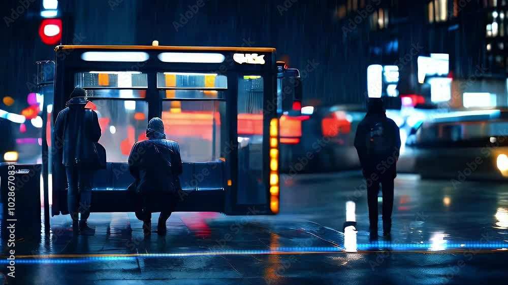 Three people wait at a bus stop on a rainy night. The bus stop is lit ...