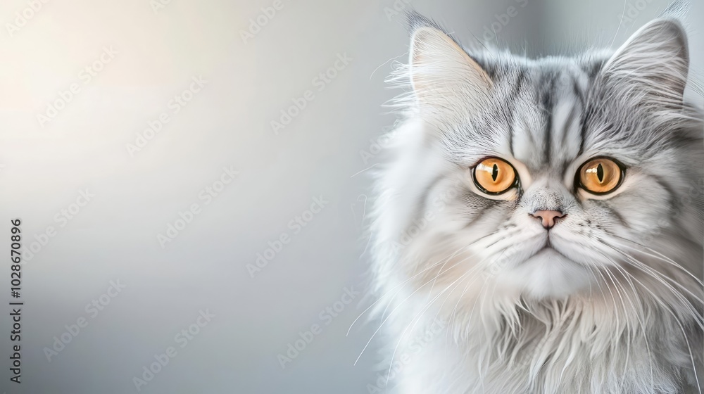 Persian cat with striking orange eyes, soft gray fur, elegant and serene pose. Persian cat with striking orange eyes, soft gray fur, elegant and serene pose.