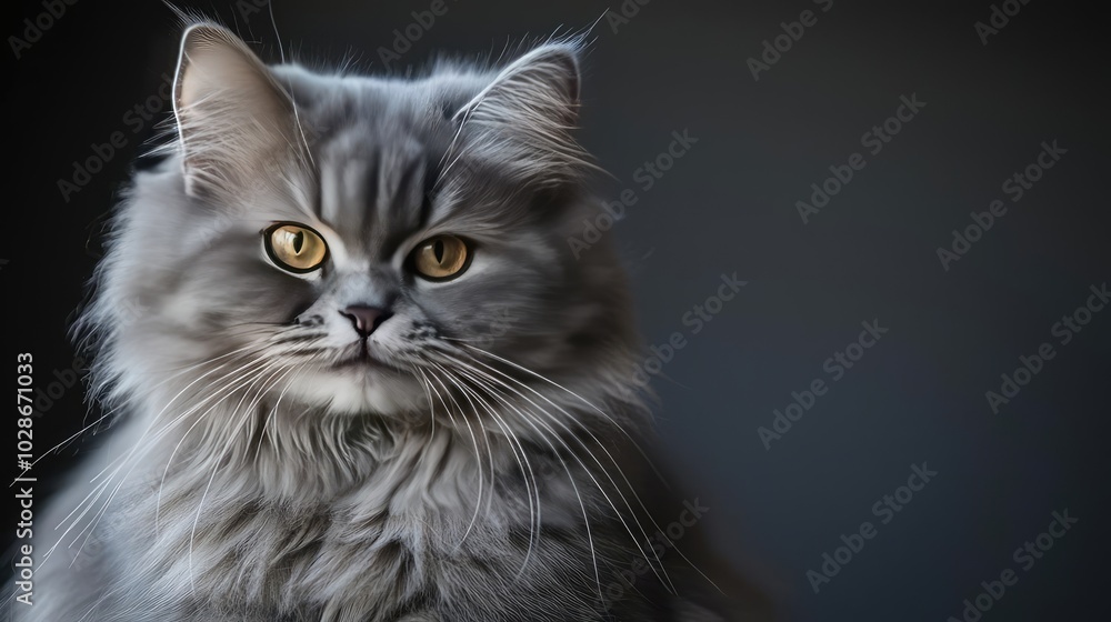 Fluffy gray cat with striking yellow eyes, close-up portrait. Fluffy gray cat with striking yellow eyes, close-up portrait.