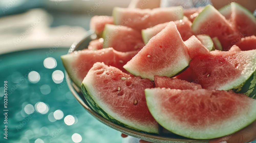 A platter filled with numerous slices of watermelon set beside a swimming pool, symbolizing summer relaxation and fresh enjoyment under the sunshine. A platter filled with numerous slices of watermelon set beside a swimming pool, symbolizing summer relaxation and fresh enjoyment under the sunshine.