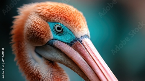 A close-up view of a pelican, emphasizing its vividly colored feathers and intricate detail around the eye, against a dreamy blurred backdrop setting an artistic mood. photo