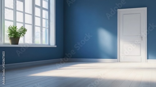 A bright, minimalist room with blue walls, white door, large window, and a potted plant.