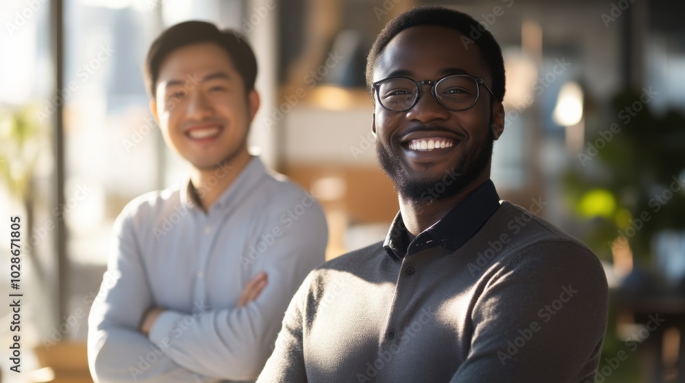 Collaborative success: smiling professionals in modern workspace Collaborative success: smiling professionals in modern workspace