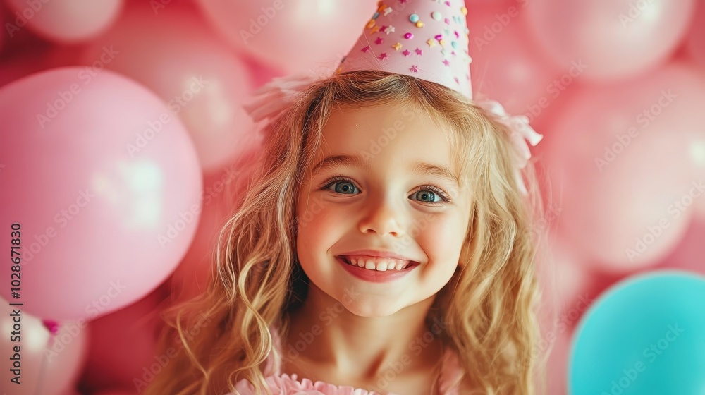 A cheerful young girl wearing a party hat, surrounded by pink balloons, showcases the joy and excitement of a birthday celebration with a bright smile and festive atmosphere. A cheerful young girl wearing a party hat, surrounded by pink balloons, showcases the joy and excitement of a birthday celebration with a bright smile and festive atmosphere.