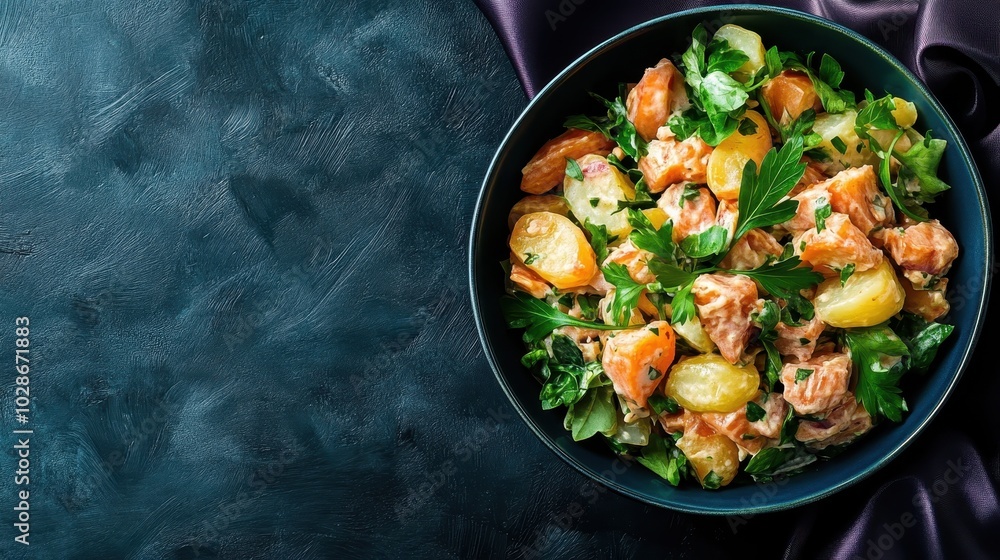 A visually appetizing salmon and potato salad in a blue bowl, featuring fresh greens and beautifully arranged, showcasing a vibrant culinary delight. A visually appetizing salmon and potato salad in a blue bowl, featuring fresh greens and beautifully arranged, showcasing a vibrant culinary delight.