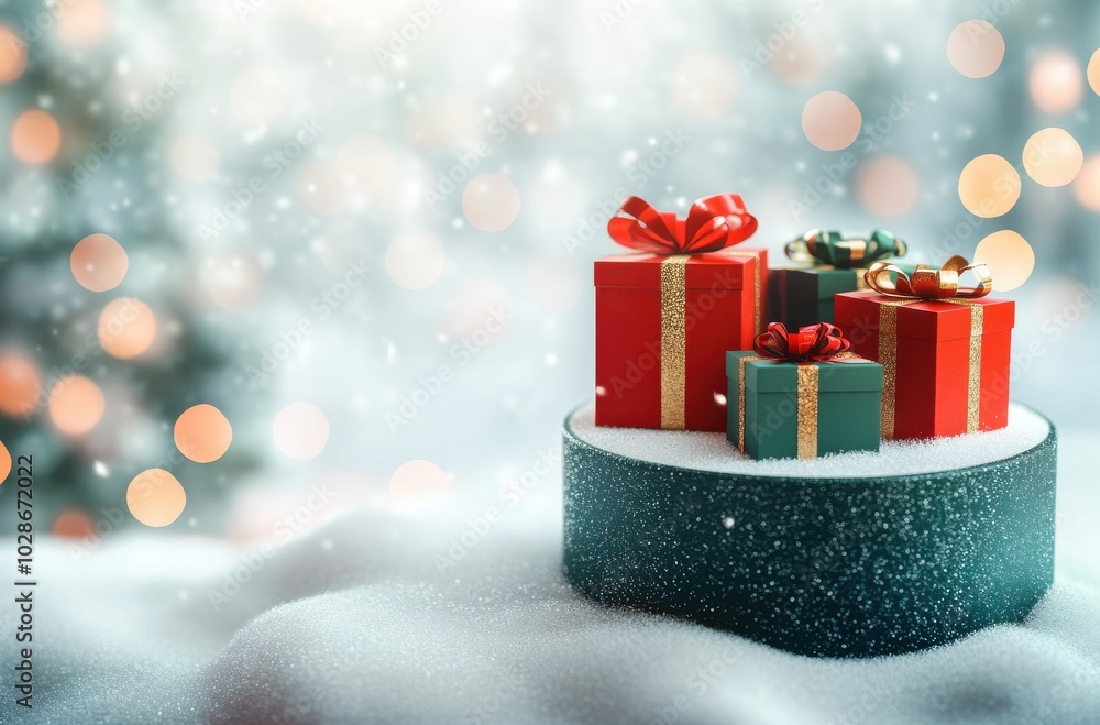 Festive Christmas scene with elegantly wrapped green and red gift boxes on snowy podium, surrounded by warm bokeh lights. Perfect holiday image for celebrations, gift-giving, and festive decorations. Festive Christmas scene with elegantly wrapped green and red gift boxes on snowy podium, surrounded by warm bokeh lights. Perfect holiday image for celebrations, gift-giving, and festive decorations.