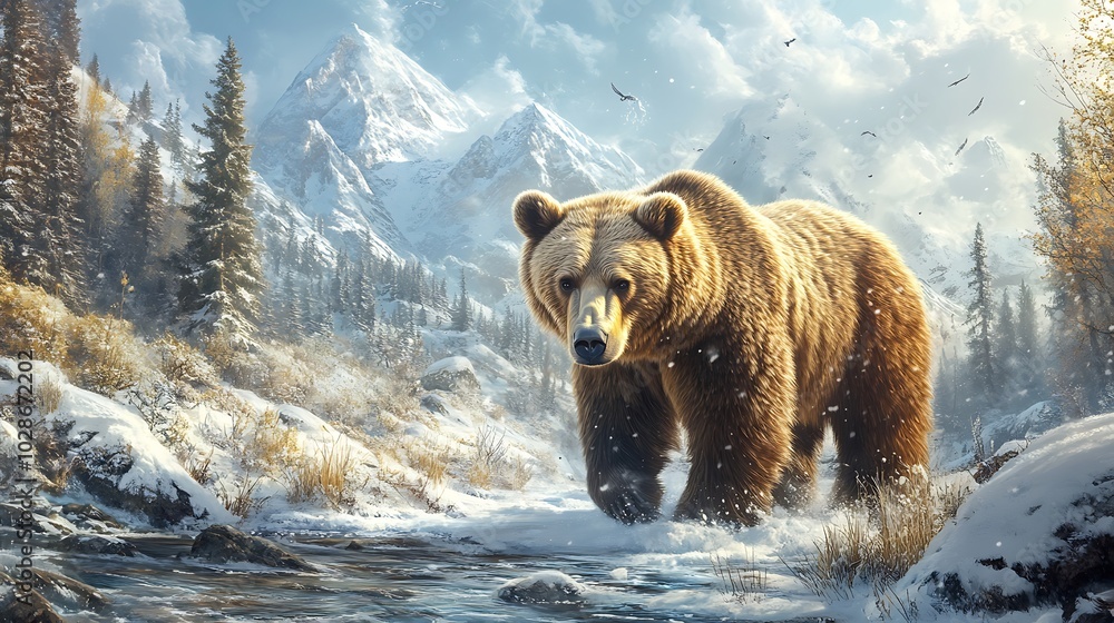 A large brown bear walks through a snowy mountain landscape. A large brown bear walks through a snowy mountain landscape.