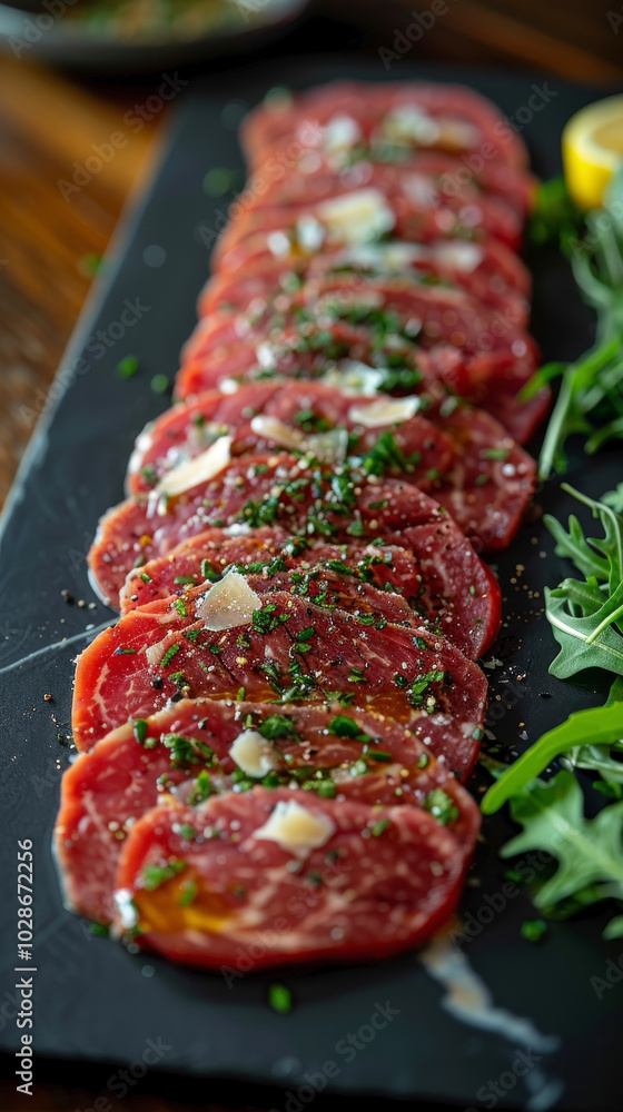 Chateaubriand Carpaccio, thinly sliced beef tenderloin with olive oil, lemon juice, capers, arugula, and Parmesan. Chateaubriand Carpaccio, thinly sliced beef tenderloin with olive oil, lemon juice, capers, arugula, and Parmesan.