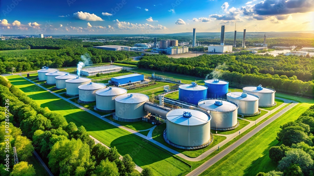 Aerial View of Futuristic Hydrogen Storage Tanks in a Clean Industrial Landscape with Prominent H2 Symbol for Sustainable Energy Solutions Aerial View of Futuristic Hydrogen Storage Tanks in a Clean Industrial Landscape with Prominent H2 Symbol for Sustainable Energy Solutions