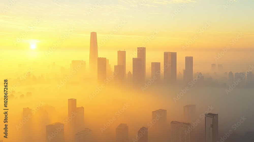 Fototapeta premium Urban skyline silhouette at sunrise with mist, soft warm colors.